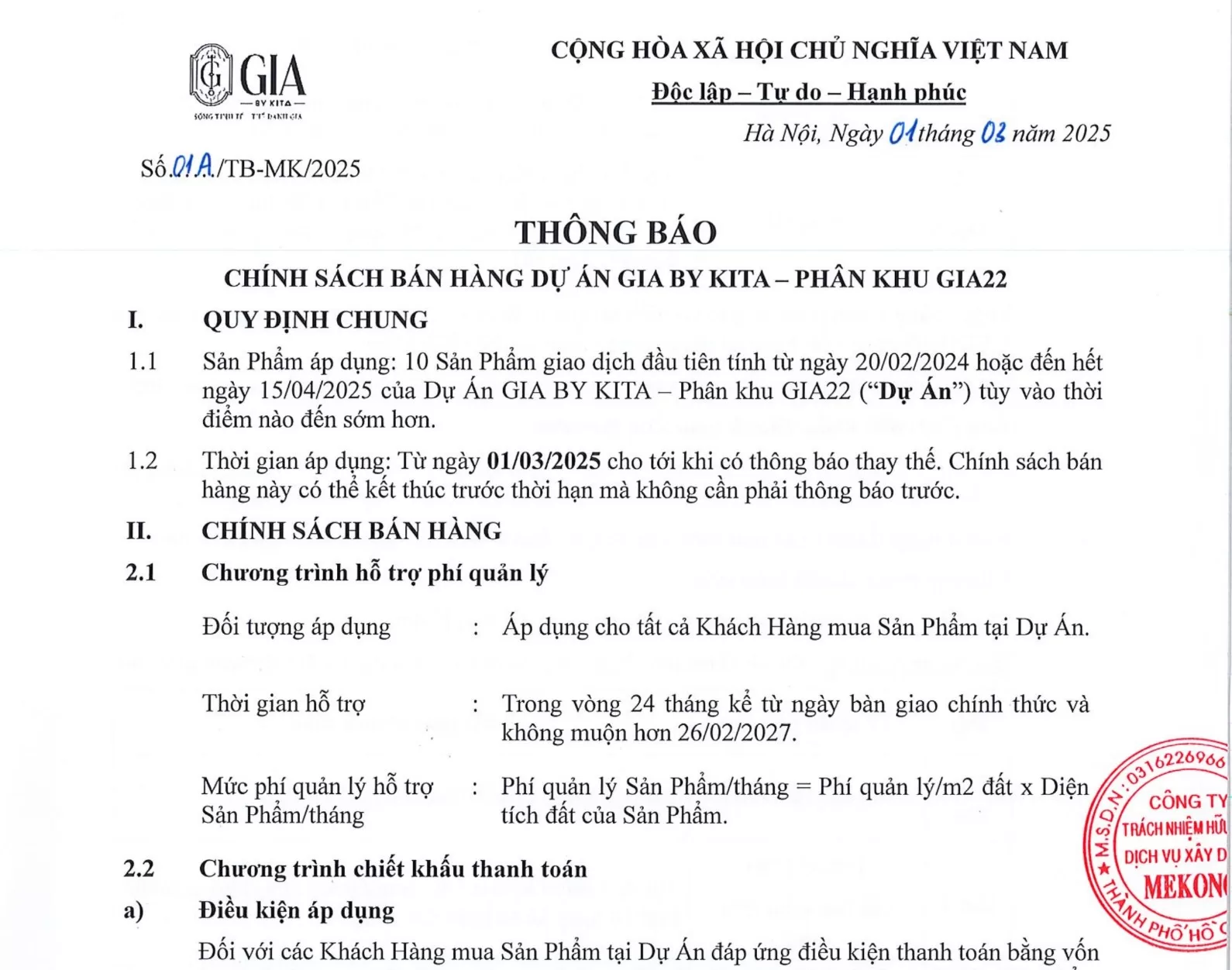 Chính sách bán hàng và tiến độ thanh toán trong Tháng 3 - 2025 GIA2 by KITA Ciputra