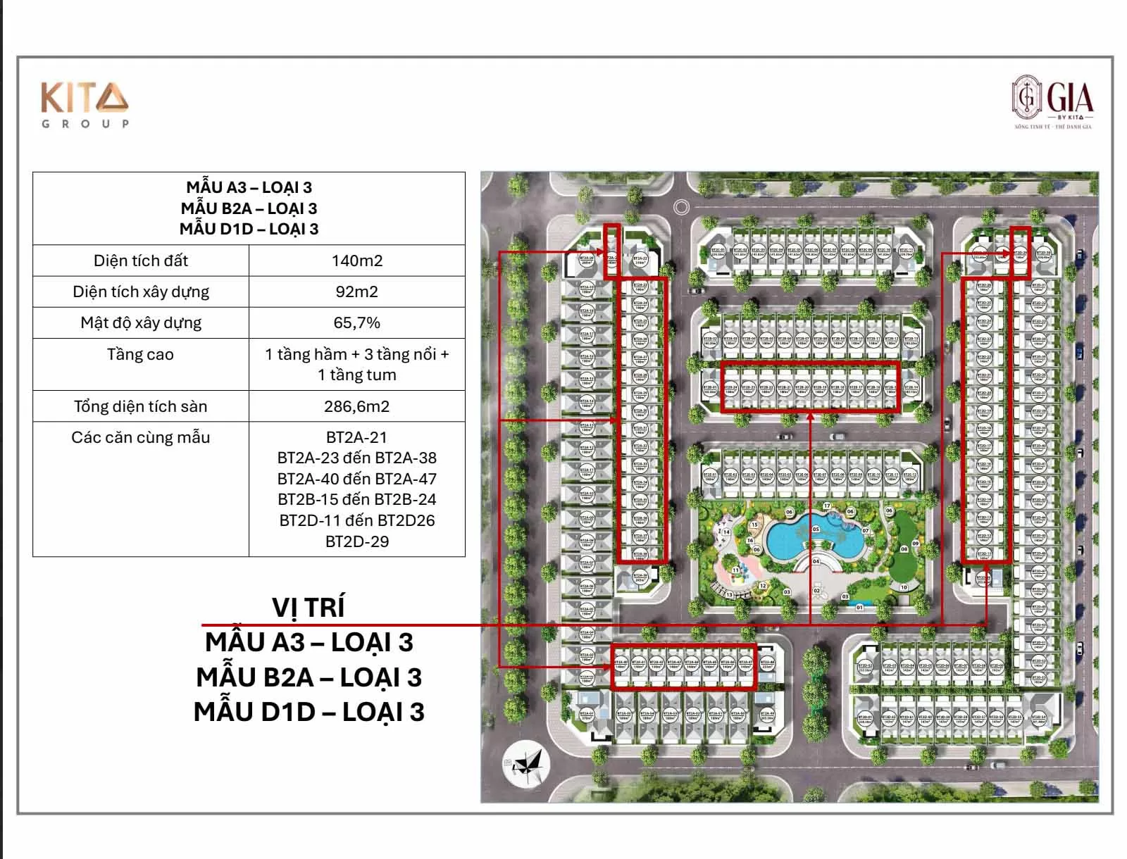 Vị trí mẫu nhà A3 - B2A - D1D phân khu BT02 Ciputra