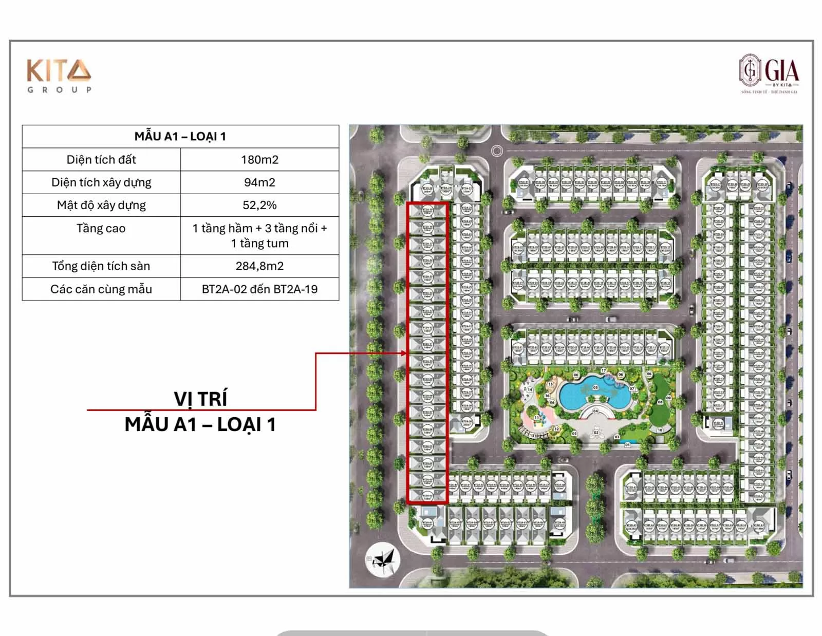 Vị trí mẫu nhà A1 phân khu BT02 Ciputra