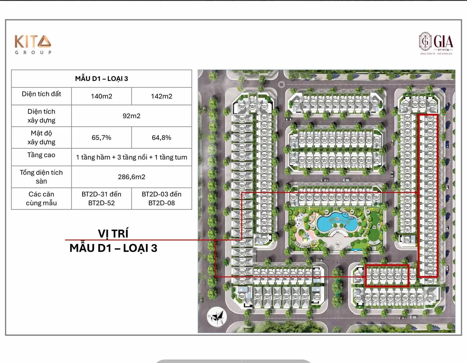 Vị trí mẫu nhà D1 phân khu BT02 Ciputra