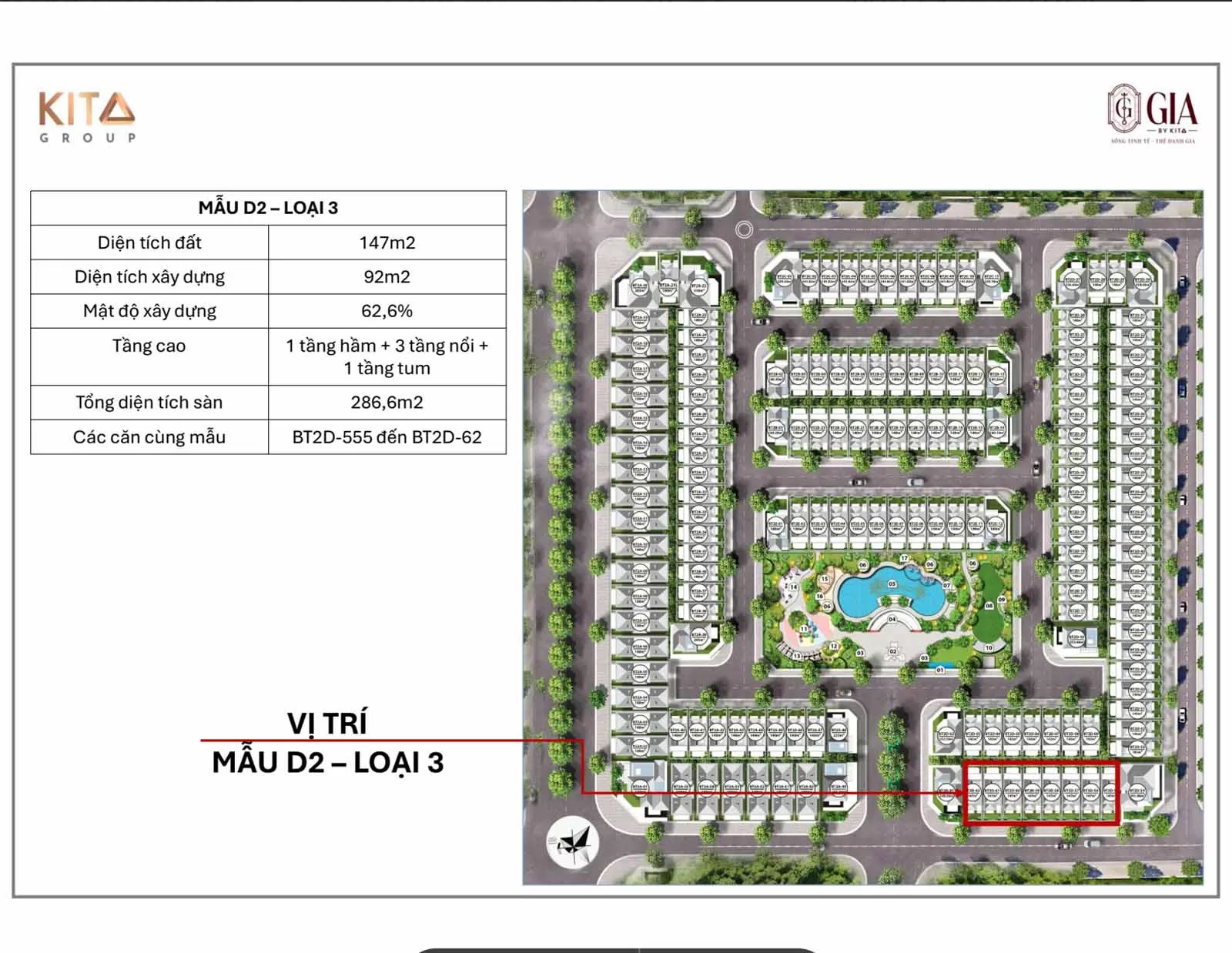 Vị trí mẫu nhà D2 phân khu BT02 Ciputra