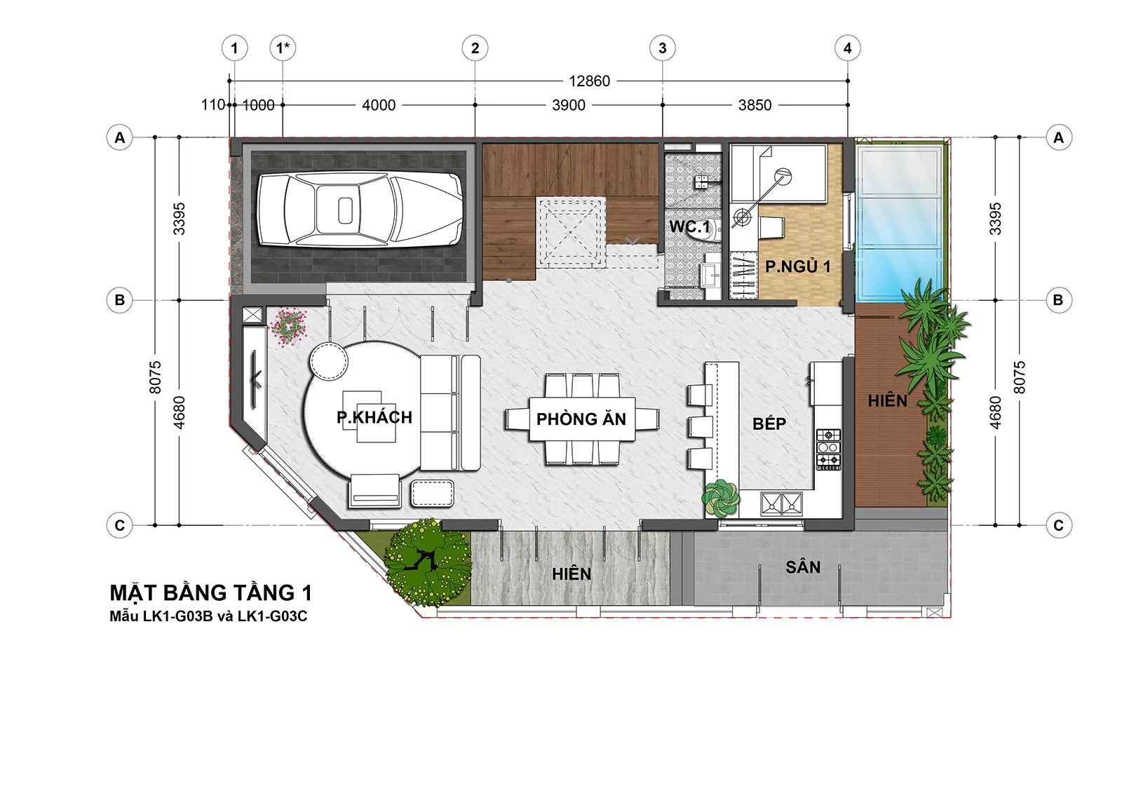 Thiết kế Biệt Thự Tầng 1 Lô Góc 142m2 An Lạc Green Symphony
