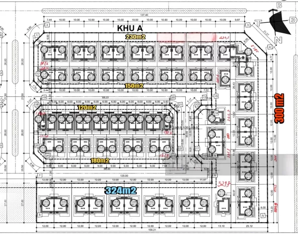 Sơ đồ phân lô đất Khu A với diện tích từ 120m2 đến 324m2.