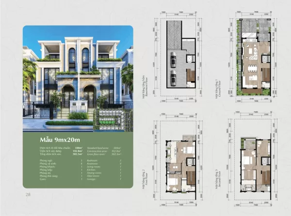 Bản vẽ mặt bằng biệt thự khu P Ciputra 9x20m